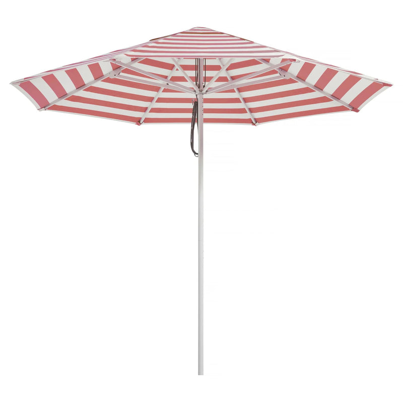 2.8m coral stripe Caspar Patio Umbrella by Basil Bangs with UPF50+ protection, marine-grade frame, and sleek design for durable outdoor elegance.