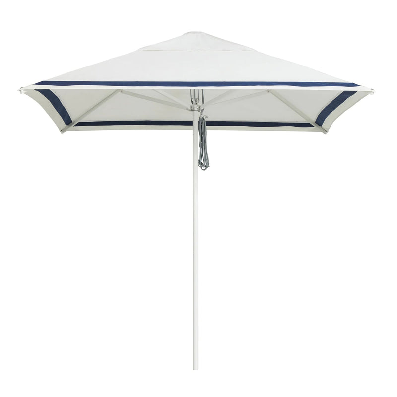 Stripe navy white Regatta Patio Umbrella by Basil Bangs with UPF50+ sun protection, sleek white aluminum frame, and marine-grade durability for outdoor style.