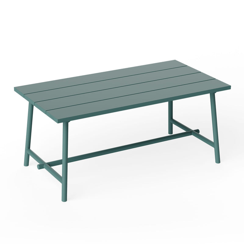 Fred’s Medium Table in dark sage is a modern aluminum outdoor table for shared meals.