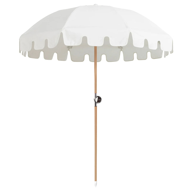 Elegant white Luxury Umbrella by Basil Bangs with UPF50+ sun protection, marine-grade fabric, and durable hardwood pole.