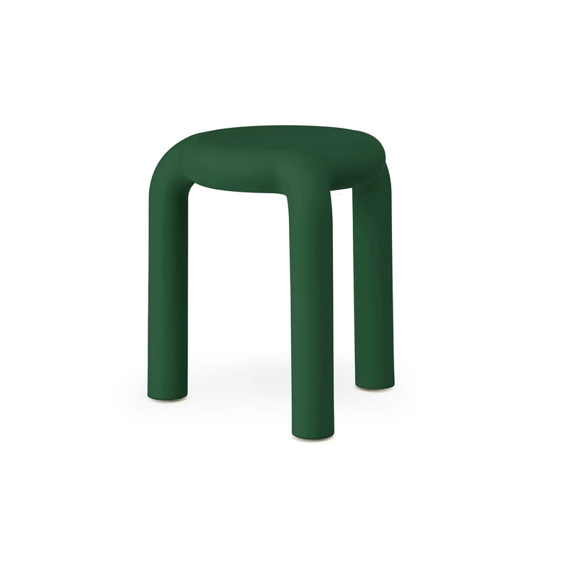 Dark Green Piccolo stool by TOOU Design, minimalist polypropylene stool and side table, lightweight and stackable, ideal for indoor and outdoor use.