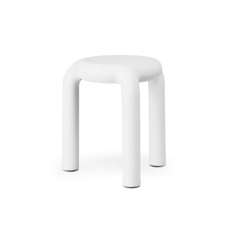 Warm White Piccolo stool by TOOU Design, minimalist polypropylene stool and side table, lightweight and stackable, ideal for indoor and outdoor use.