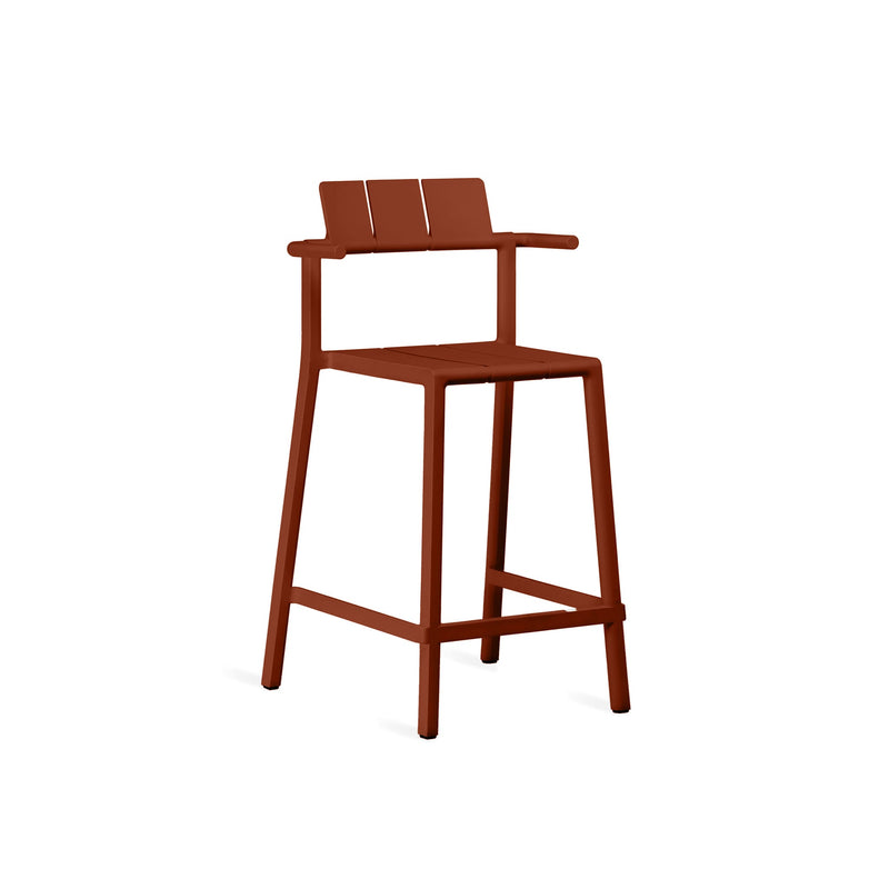 Yard counter stool with arms by TOOU Design in rust red, featuring a 68 cm seat height, ergonomic armrests, and stackable polypropylene design.