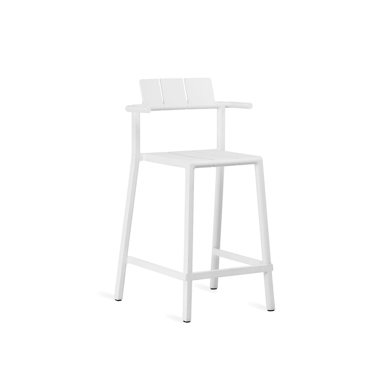 Yard counter stool with arms by TOOU Design in white, featuring a 68 cm seat height, ergonomic armrests, and stackable polypropylene design.