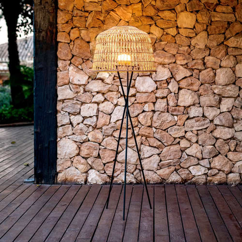 Newgarden's Amalfi Floor Lamp: versatile, cable-free lighting for indoors/outdoors. Hand-braided lampshade, rechargeable bulb with remote control.